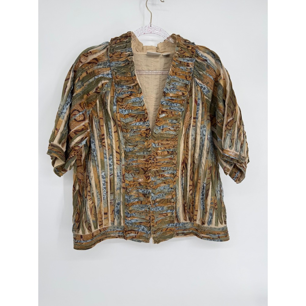 Chicos Ribbon Work Art to Wear Jacket Womens Sz 2/L Green Tan Cotton Open Front